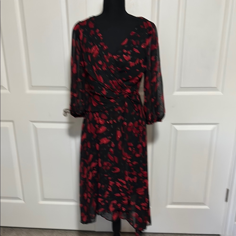 DKNY Black and Red Midi Dress with V-Neck and Bishop Sleeves